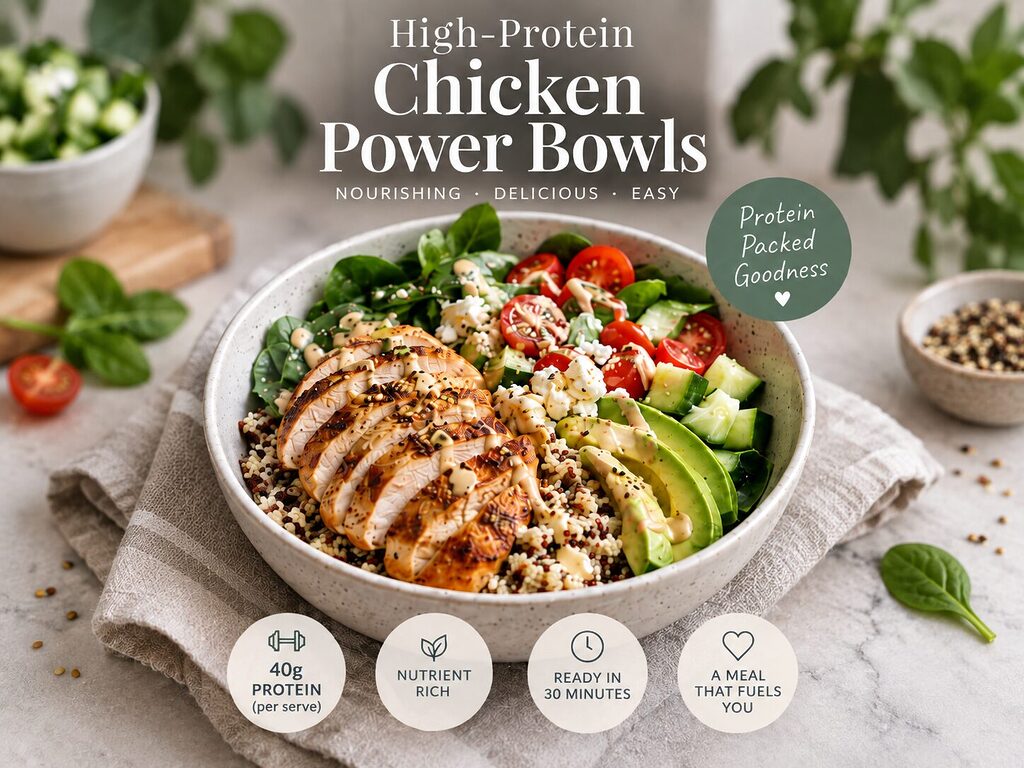 High-protein chicken power bowl with quinoa, avocado, tomato, cucumber and salad