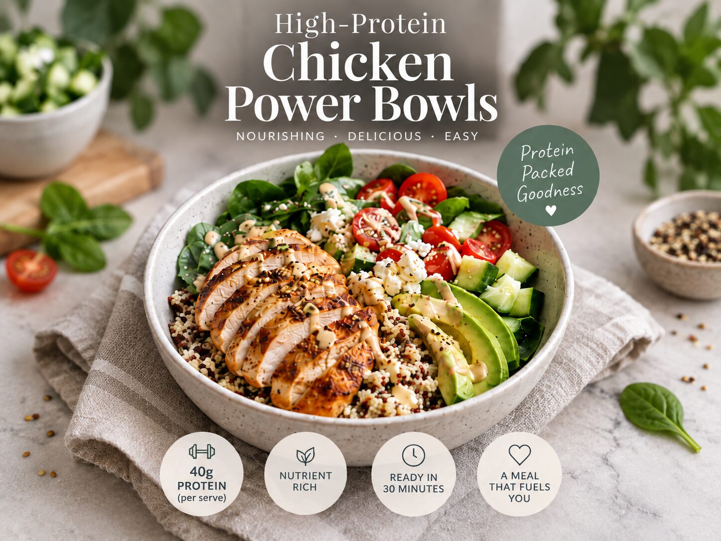 High-protein chicken power bowl with quinoa, avocado, tomato, cucumber and salad