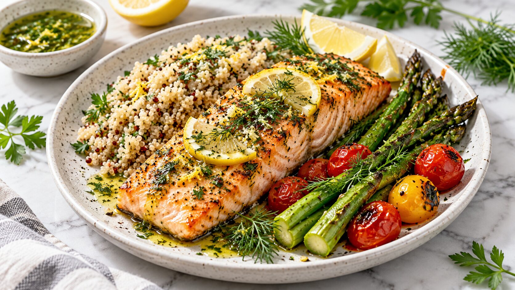 Healthy lemon herb baked salmon with quinoa, roasted asparagus and cherry tomatoes